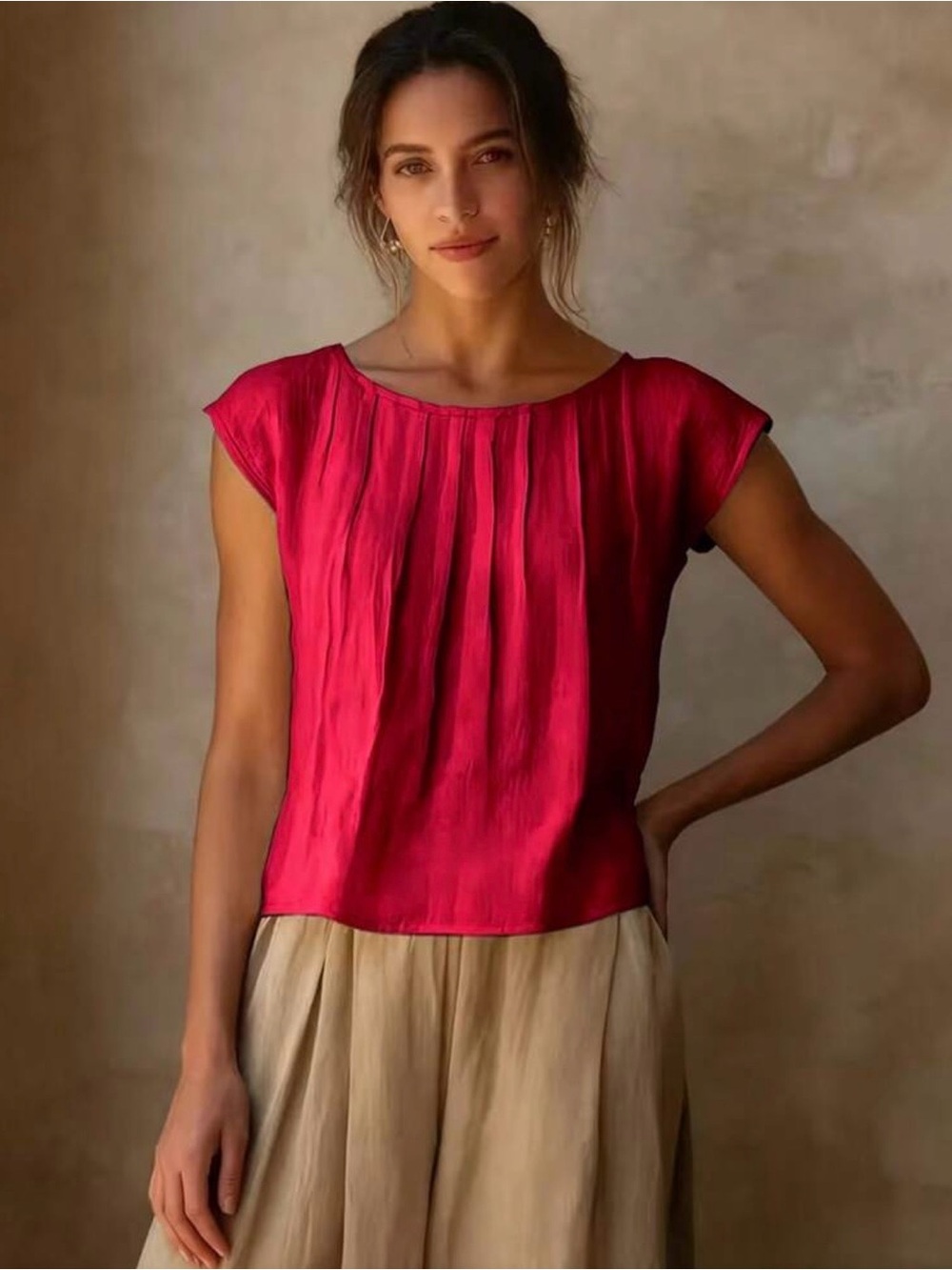 Women's Pleated Cap-Sleeve Top in Deep Pink